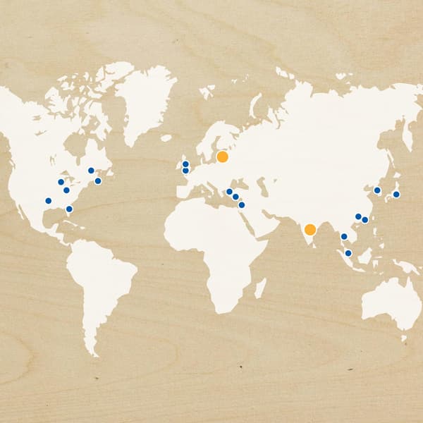 A map with orange and blue dotted locations showing the new and upcoming IKEA stores that are around the world in 2018.