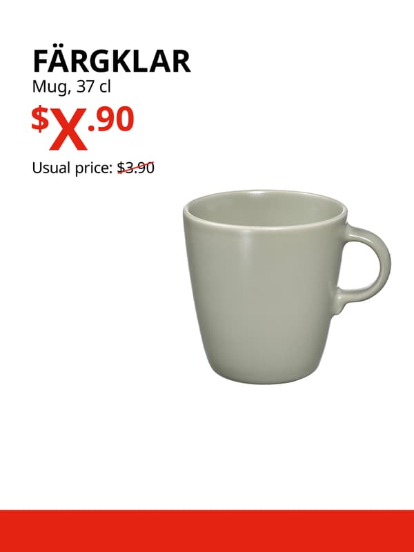 A matt green FÄRGKLAR mug product display on a white background with black text that reads "FÄRGKLAR, Mug, 37 cl, Usual price: $3.90", price in red text that reads "$X.90".