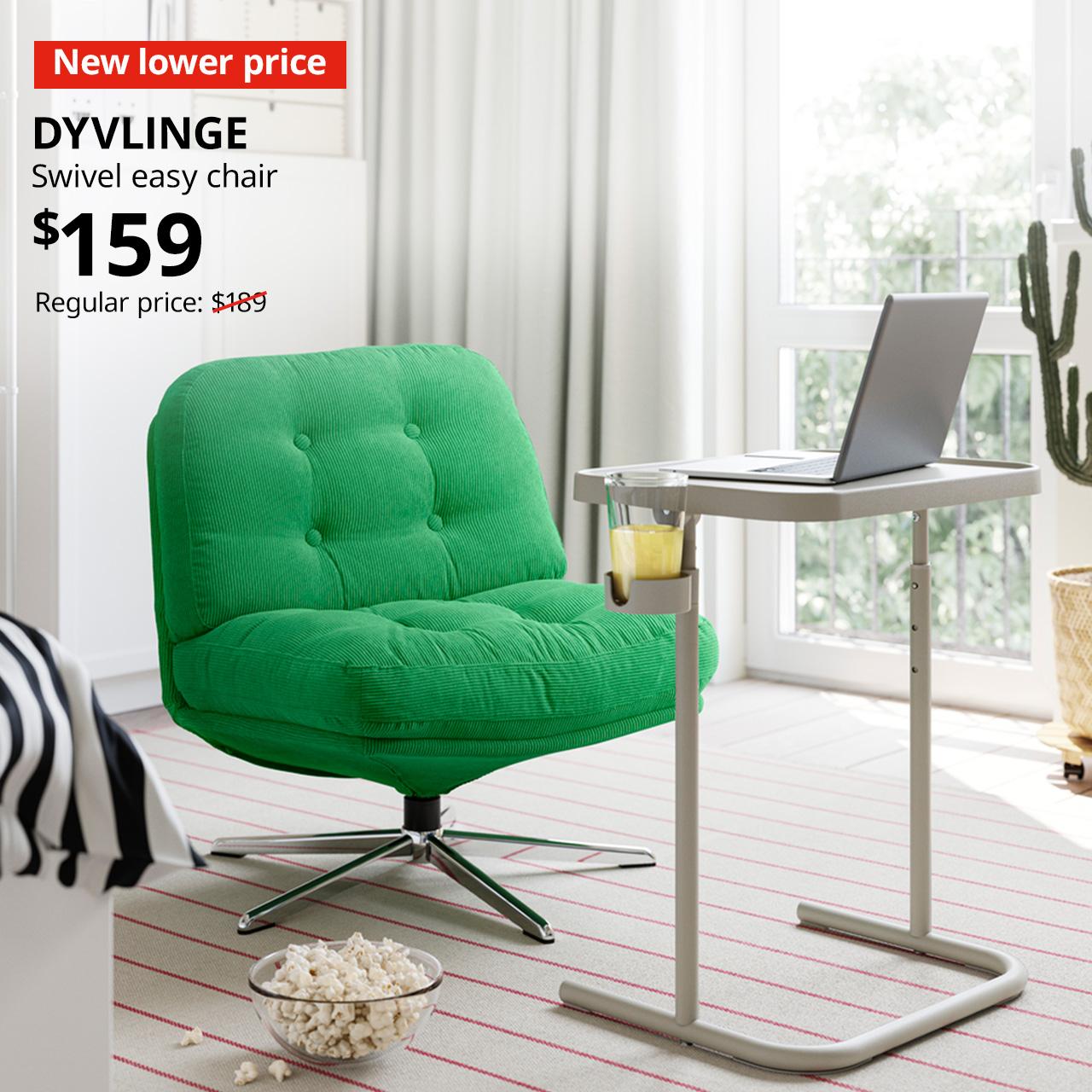 A mid shot of a green DYVLINGE swivel easy chair in a bedroom setting. In the top left corner, a red tag with white text reads 'New lower price'. Accompanying white text displays: 'DYVLINGE, Swivel easy chair, $159, Regular price: $189'