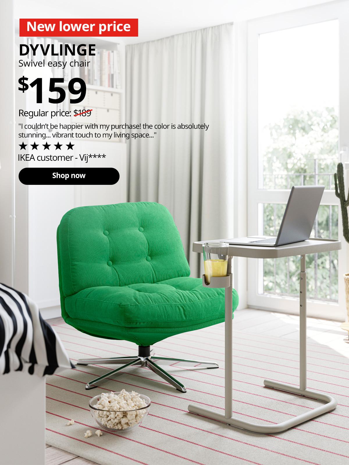 A mid shot of a green DYVLINGE swivel easy chair in a bedroom setting. In the top left corner, a red tag with white text reads 'New lower price'. Accompanying white text displays: 'DYVLINGE, Swivel easy chair, $159, Regular price: $189'