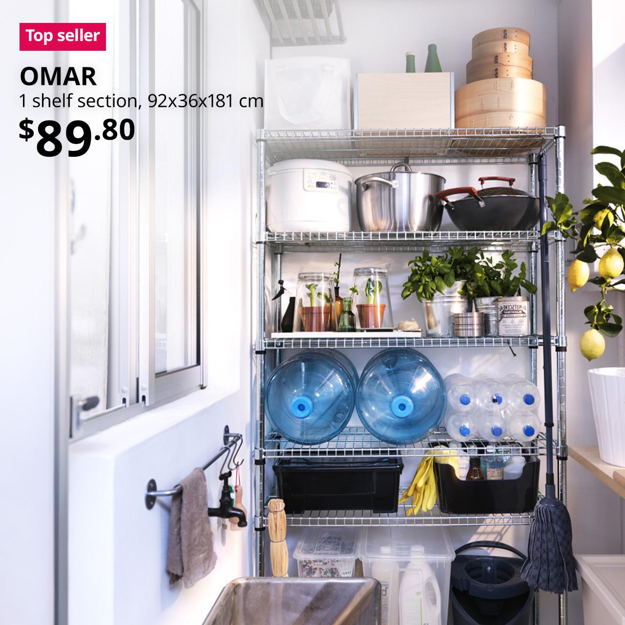 A mid shot of an OMAR shelving unit at a service yard being utilised as storage space to store rice cooker, pots, pans and other household essentials. On the top left corner, a red/pink tag with white text that reads "Top seller", followed by black text overlay image that reads "OMAR, 1 shelf section, 92x36x181 cm, $89.80".