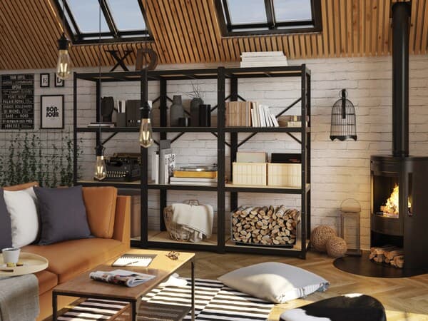 A modern designed living room with an open black BROR wall shelf.