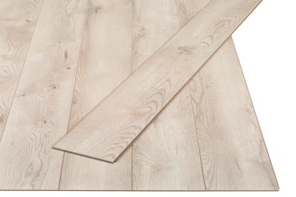 A modern laminate floor from IKEA. One of the mouldings overlaps the others as it is not yet fully assembled.