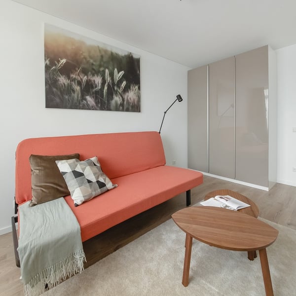 A modern living room with a coral sofa, decorative cushions, a soft beige rug, and two wooden coffee tables. A floor lamp stands beside the sofa, and a large wardrobe with glossy beige doors is in the background, along with wall art featuring a field of grass.
