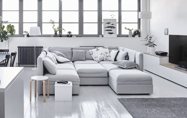 A modular sofa with cushions.