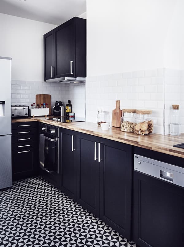 A monochrome kitchen.
