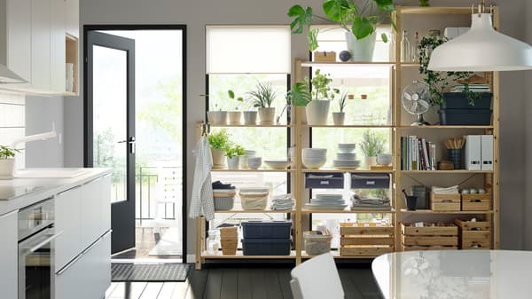 A monochrome kitchen with plants, dinnerware and files neatly placed on open wooden shelves in front of windows.