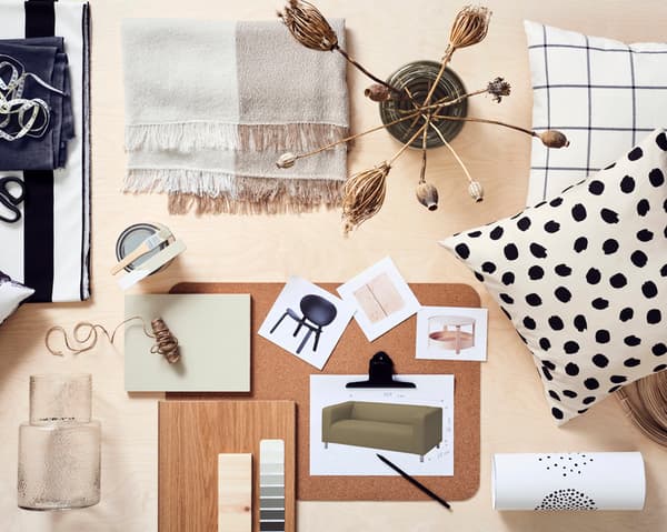 A mood board for interior design with pictures of furtniture, colours, materials and accessories.