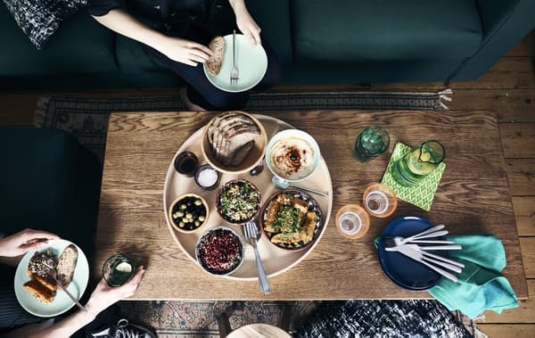 A Moroccan-style meal served on a coffee table.