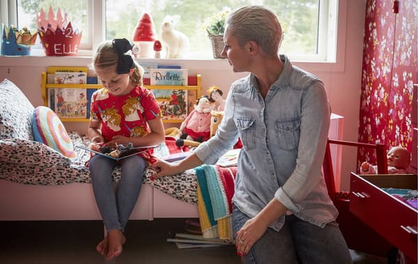 A mother and daughter reading together in a bedroom.