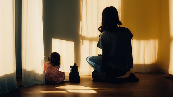 A mother and her daughter sitting in an empty room.
