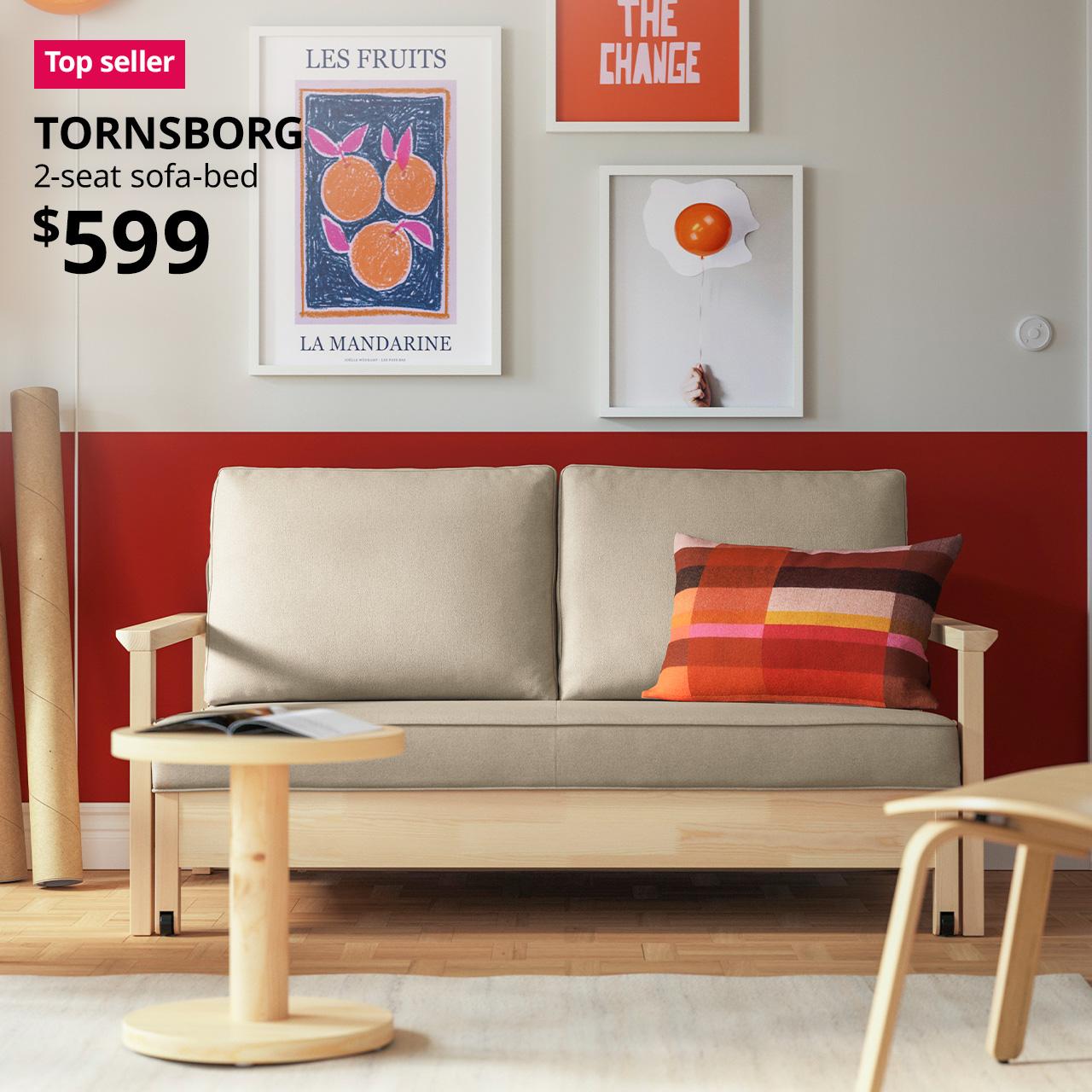 A naggen beige/pine TORNSBORG 2-seat sofa bed in a living room setting next to a pine veneer natural SOTKCHOLM 2025 side table and a white stained oak veneer FRÖSET easy chair. A red "Top seller" label is on the top left of image, with black text below that reads: TORNSBORG, 2-seat sofa bed. Price $599"