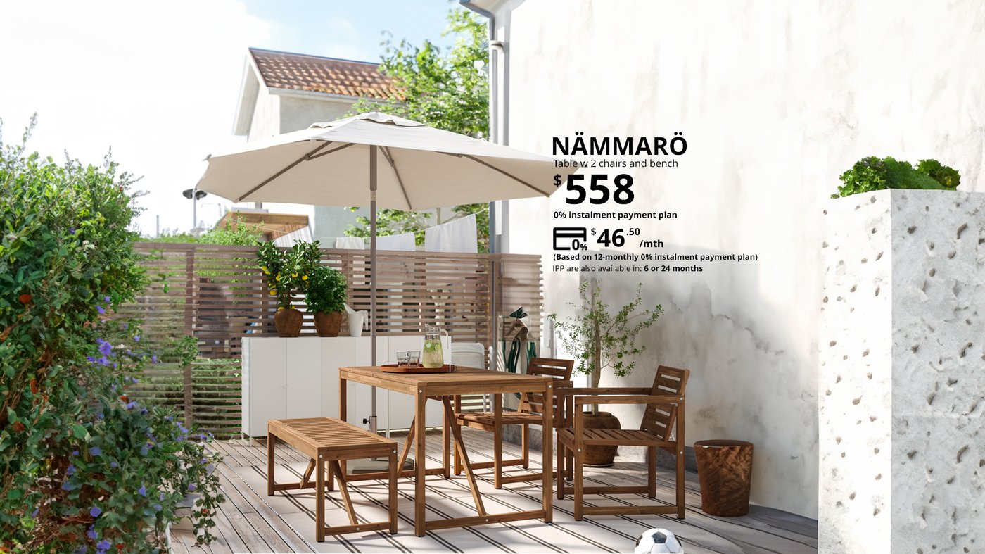 A NAMMARO outdoor table and chairs set priced at $558 but now can be paid for $46.50 per month for 12 months