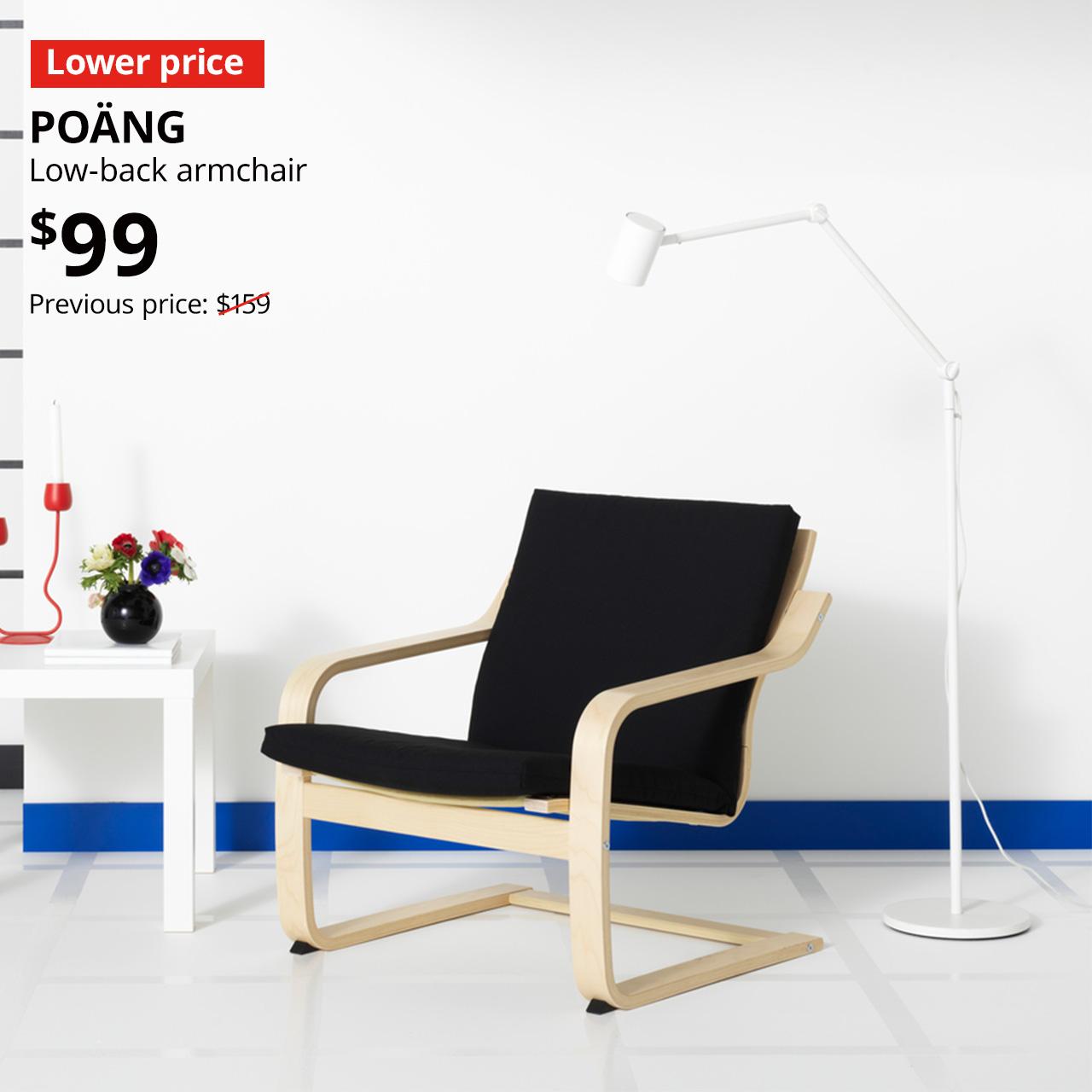 A natural colour/beige/Vissle black POÄNG low-back armchair with Lower price tag. Price: $99. Usual price with red slash: $159.