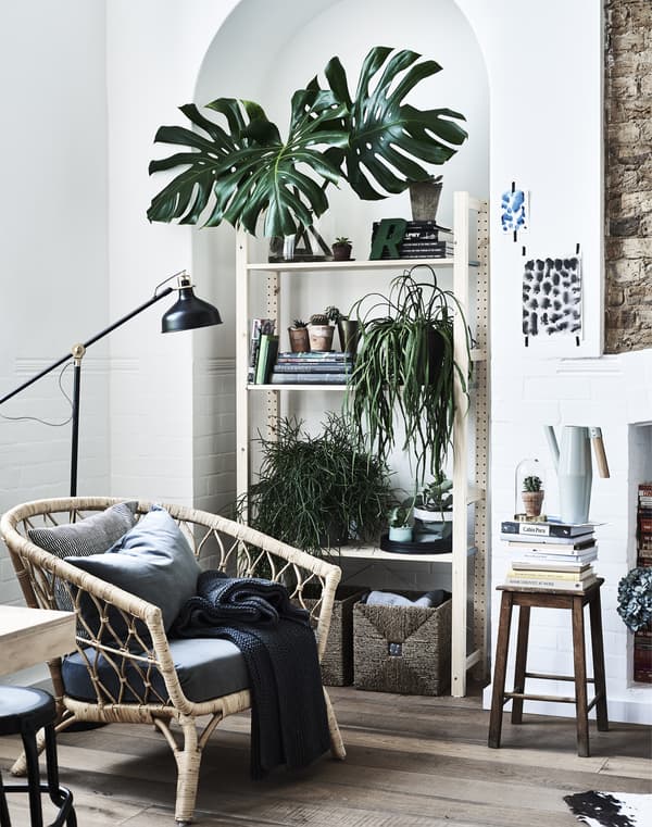 A neutral coloured living space with pale wood and plants.