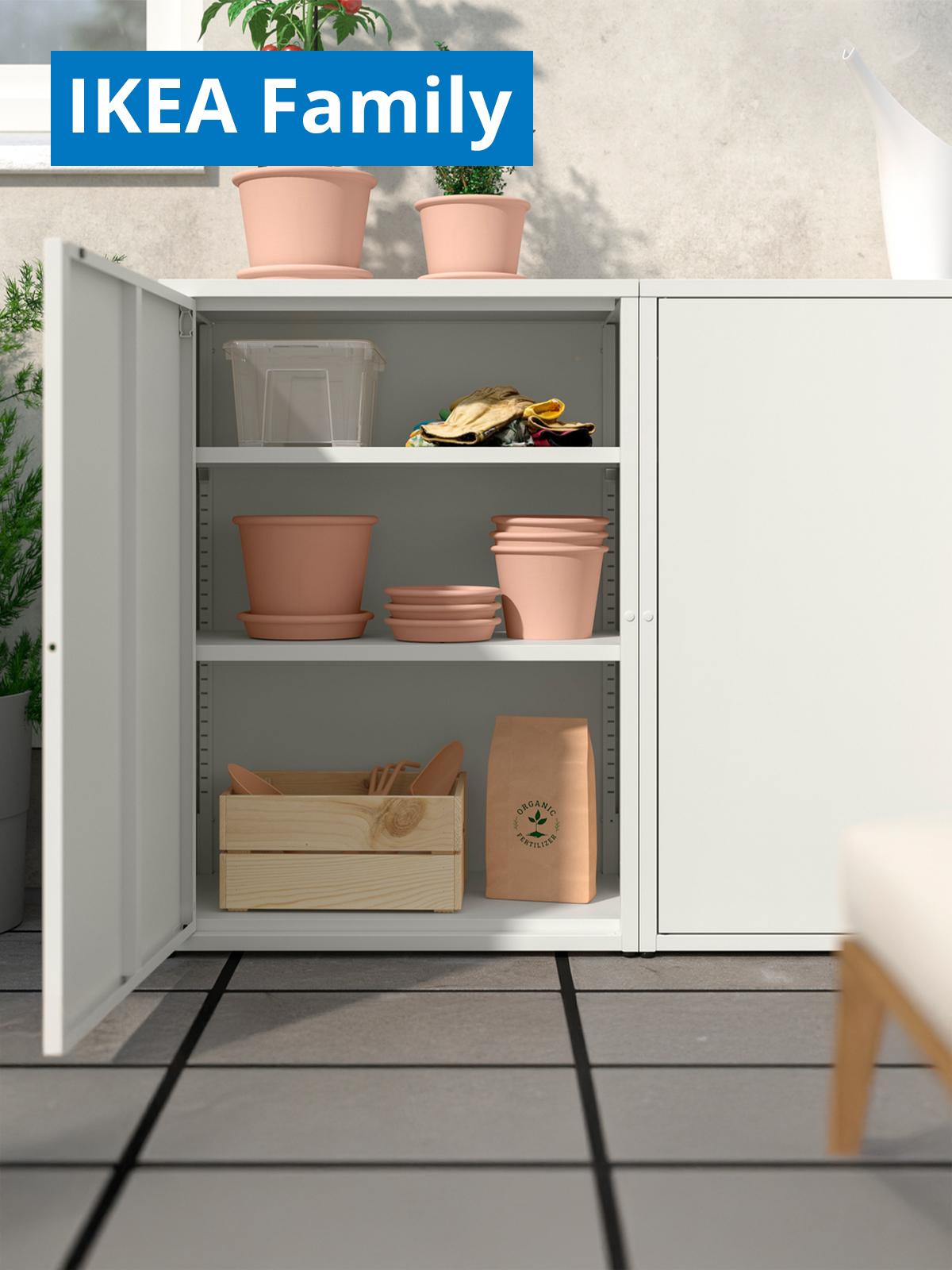 A off-white SUNDSÖ cabinet for outdoor and indoor. On the top left corner, a blue tag with white text that reads "IKEA Family price".