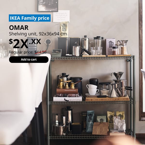 A OMAR shelving unit in the dining area is being utilised as a coffee corner. On the top left corner, a blue tag with white text that reads 
