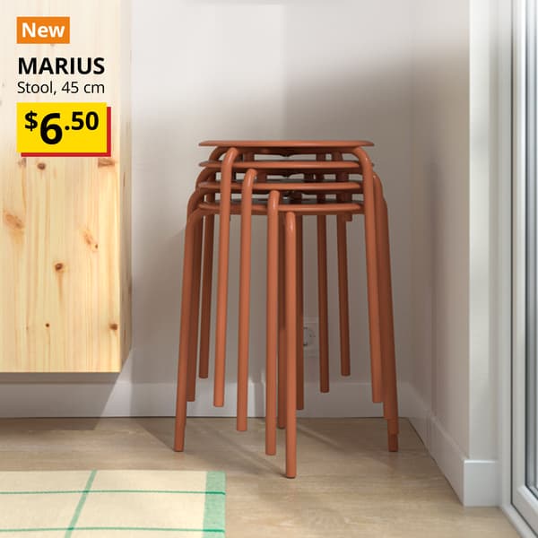  A orange "New" label is on the top left of image, with black text below that reads: MARIUS, Stool, 45 cm, with BTI price of $6.50" 