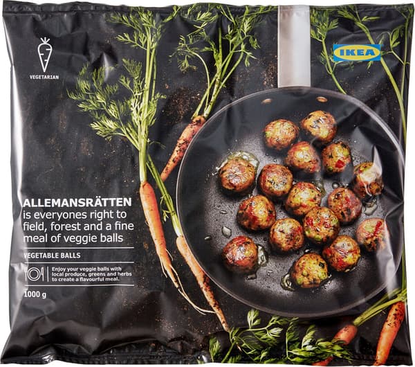A packet of IKEA ALLEMANSRÄTTEN vegan veggie balls, showing a frying pan and carrots on the packaging.