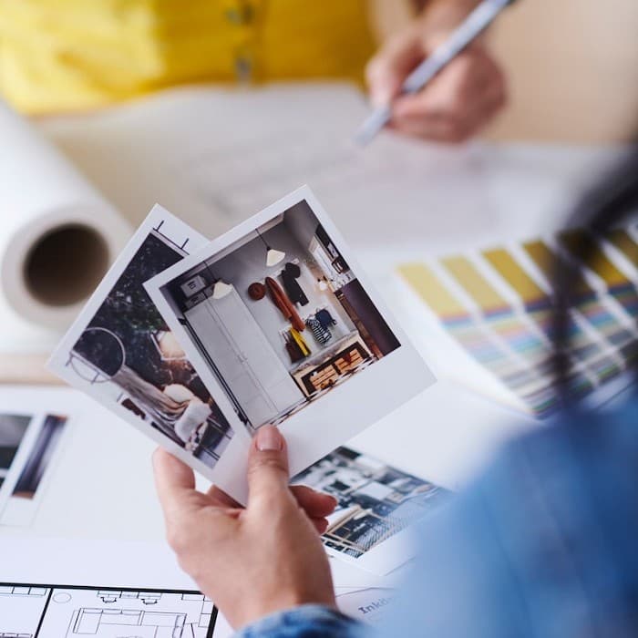 A person holding printed interior photos while reviewing them at a table with colour samples and plans; a pen and another person are visible in the background.
