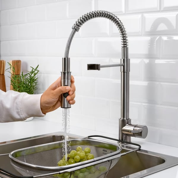A person rinses grapes under a tall kitchen tap with a flexible hose and a spray nozzle.