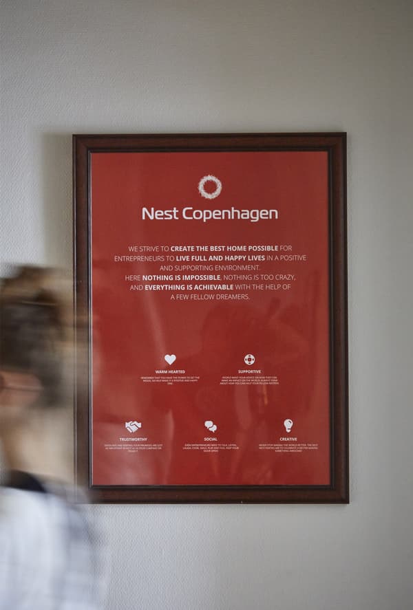 A picture frame with a Nest manifesto poster.