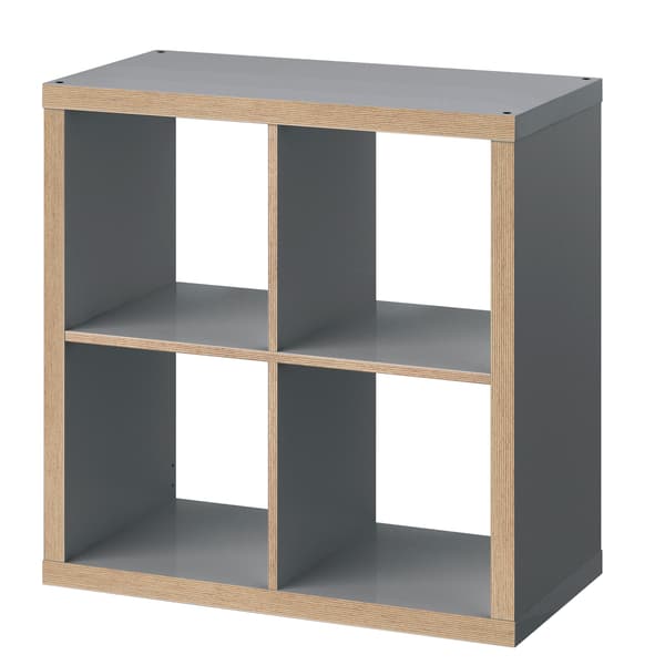 A picture of a grey IKEA KALLAX shelving unit on a white background.