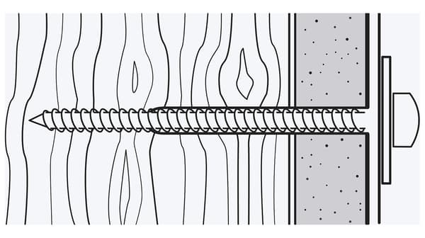 A picture of a screw inserted into a layer of material, such as plasterboard, and wood.