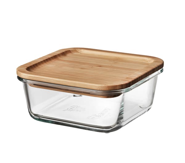 A picture of an IKEA 365+ food container in glass with a bamboo lid on a white background.