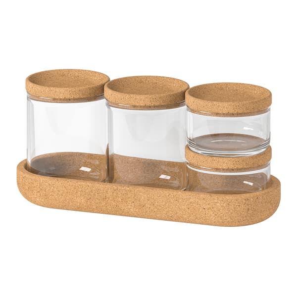 A picture of an IKEA SAXBORGA jars in glass with cork lids on a white background.
