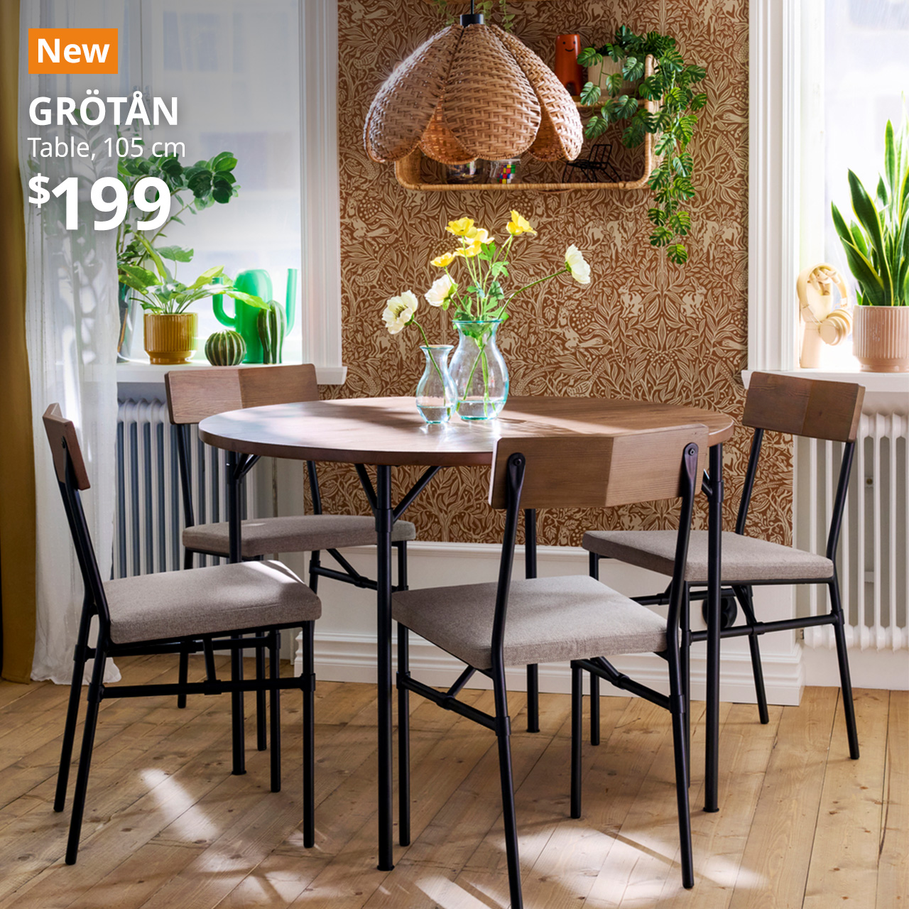 A pine/brown stained GRÖTÅN table with GRÖTÅN dining chairs in a dining room setting. A orange with white text that reads "New". Text on image reads "GRÖTÅN, Table, 105 cm, $199"