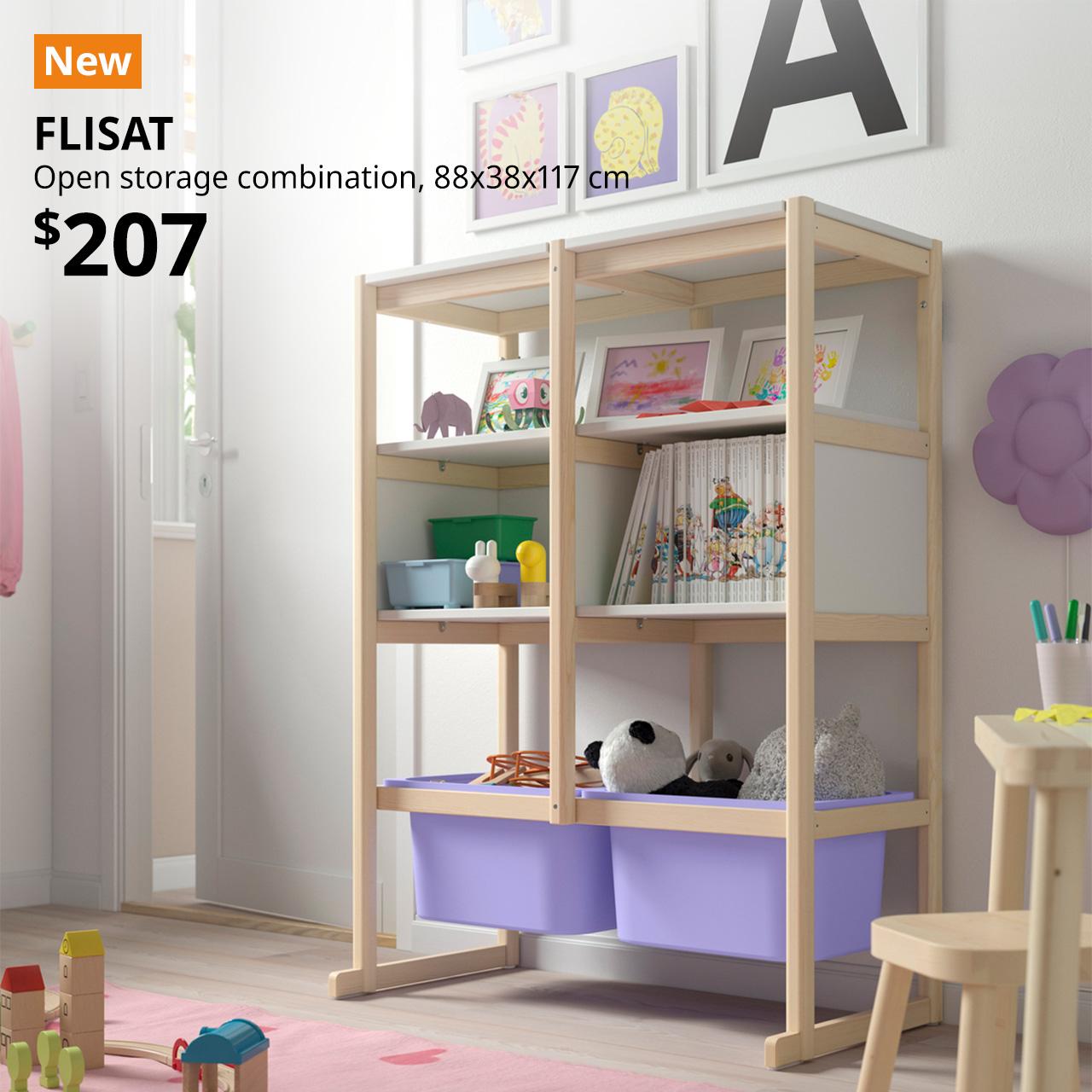 A pine FLISAT open storage combination with white and purple TROFAST plastic boxes in a children's room setting. An orange "NEW" label is displayed in the top left corner of the image, featuring black text that reads: "FLISAT, Open storage combination, 88x38x117 cm, $207"