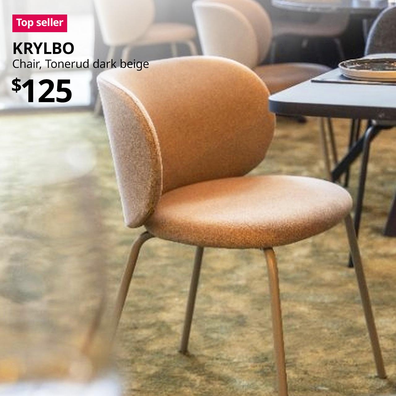 A pink "Top seller" label is on the top left of image, with black text below that reads: KRYLBO, chair, Tonerud dark beige. Price: $125.