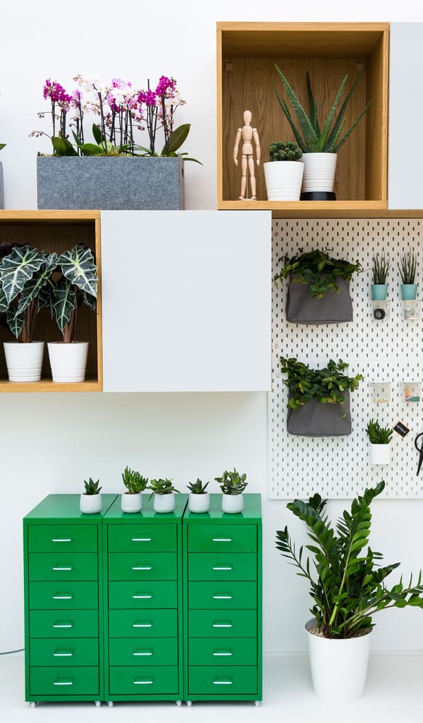 A plant filled area with three green drawer units sitting in a row under a wall cabinet
