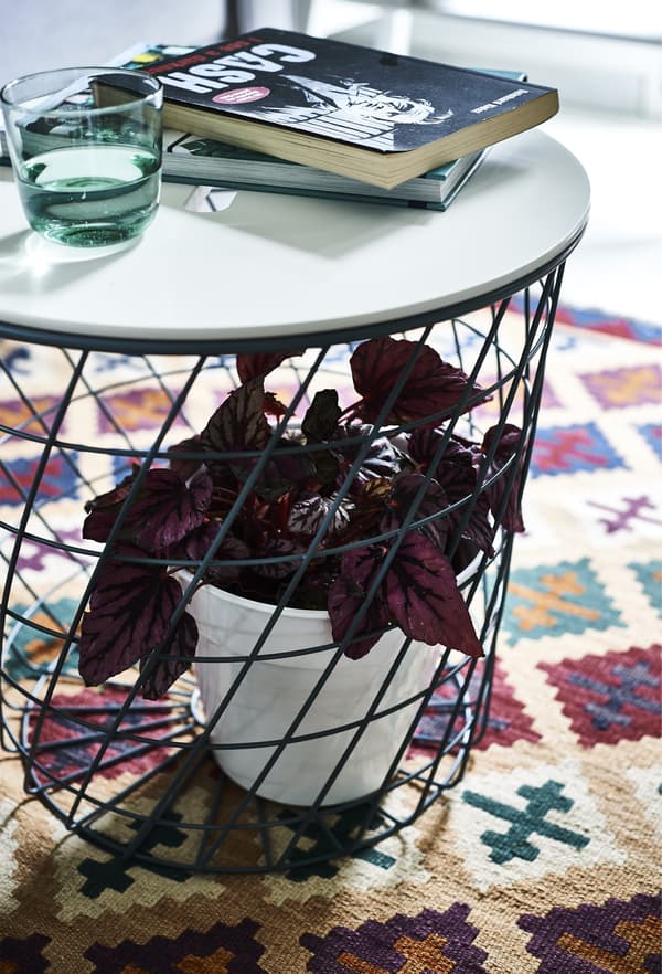 A plant inside the base of a coffee table on a patterned rug.