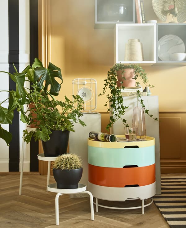 A plant stand, a side table, pedestals, and wall cabinets display decorative items and plants.