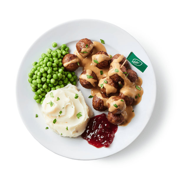 A plate of Plant Balls, served with Mashed Potatoes and Lingonberry Jam