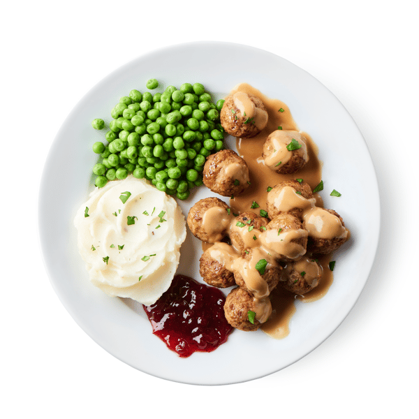 A plate of Swedish Meatballs served with Mashed Potatoes and Lingonberry Jam