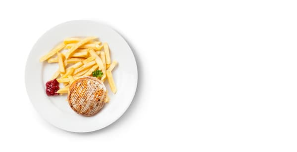 A plate with grilled camembert, fries and cranberry sauce.