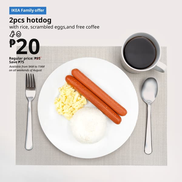A plate with two hotdogs, scrambled eggs, and rice, accompanied by a coffee cup, representing an IKEA Family offer.