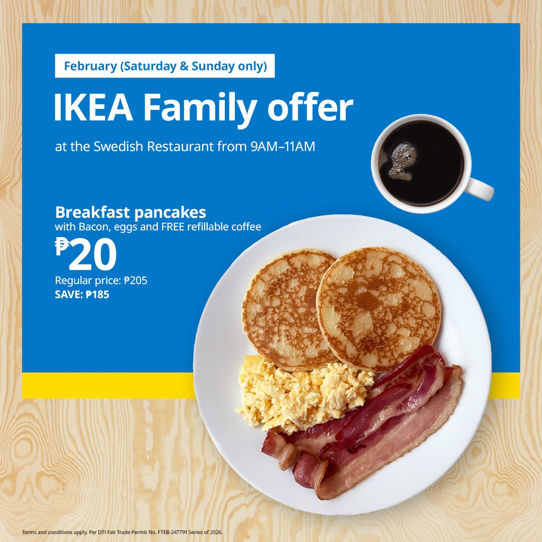 A plate with two pancakes, scrambled eggs, and two slices of bacon next to a cup of coffee, advertising an IKEA family breakfast offer for ₱20 available on weekends.