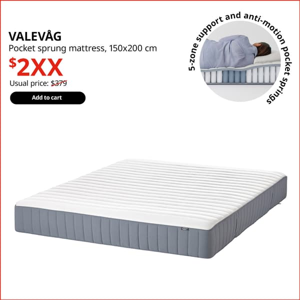 A pocket spring VALEVÅG mattress. On the top left-hand corner, black text that reads 