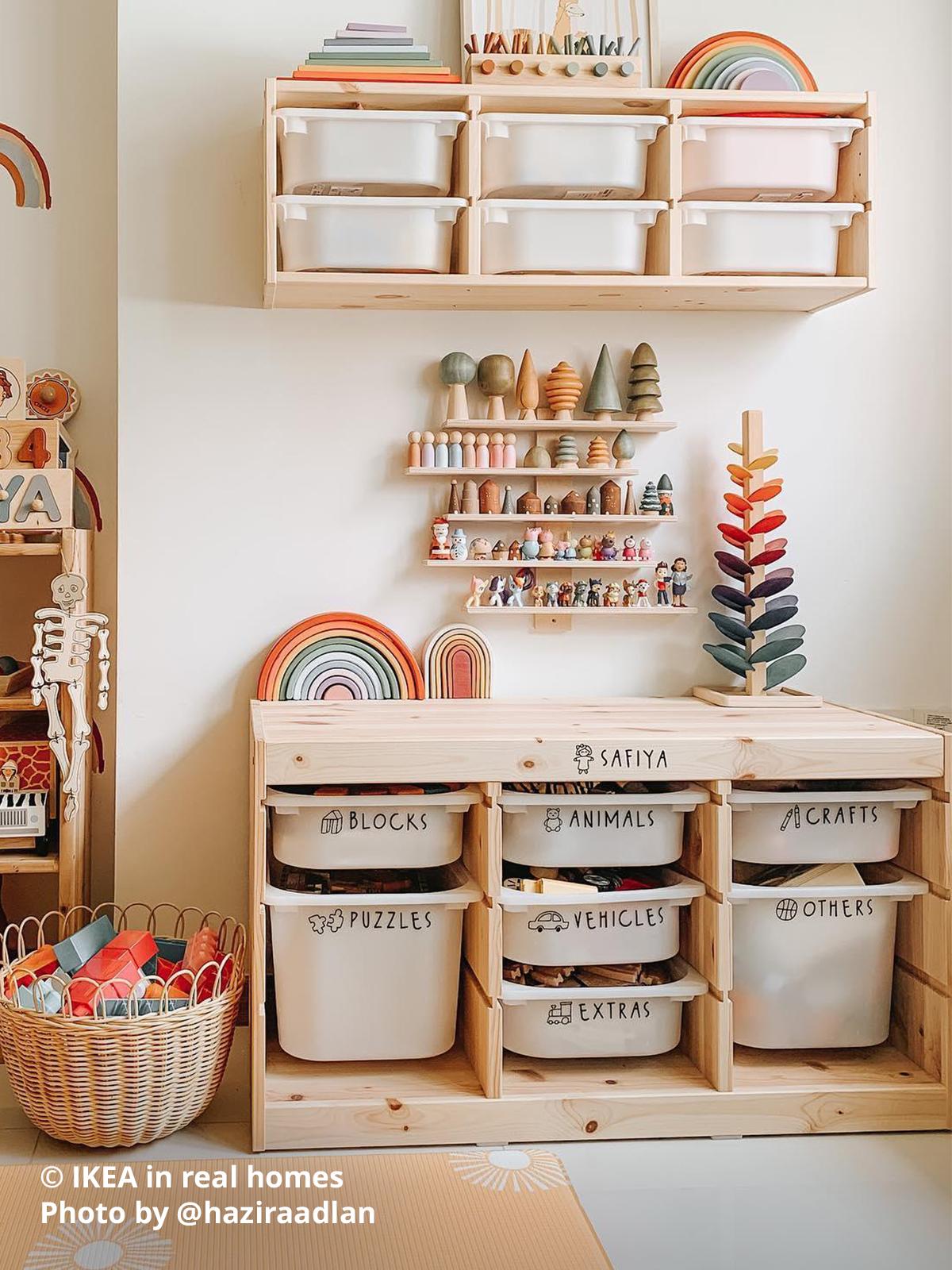 A portion of the children's room toy storage area where TROFAST shelving units are being used as toy storage. IKEA in real homes Photo by @haziraadlan.