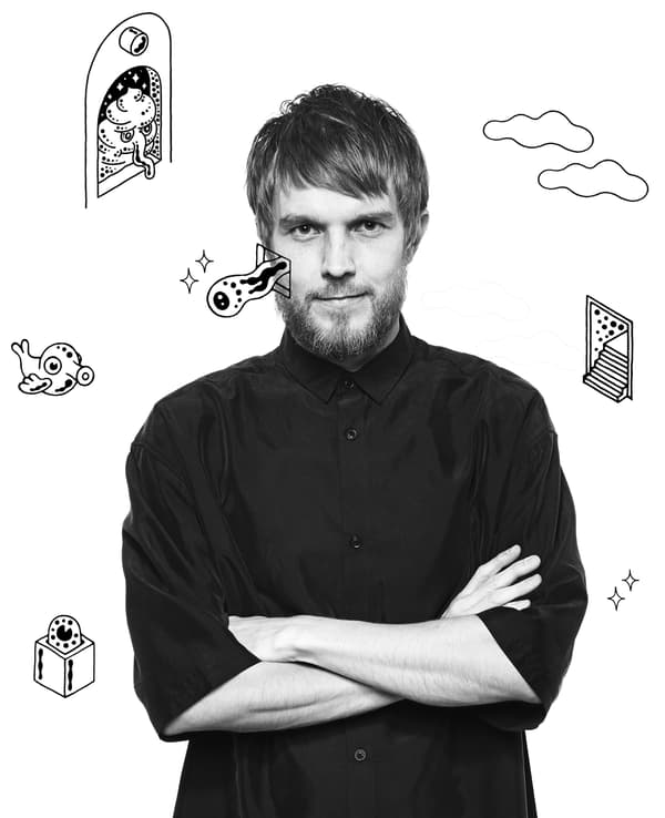 A portrait of Henrik Preutz covered with fun illustrations.