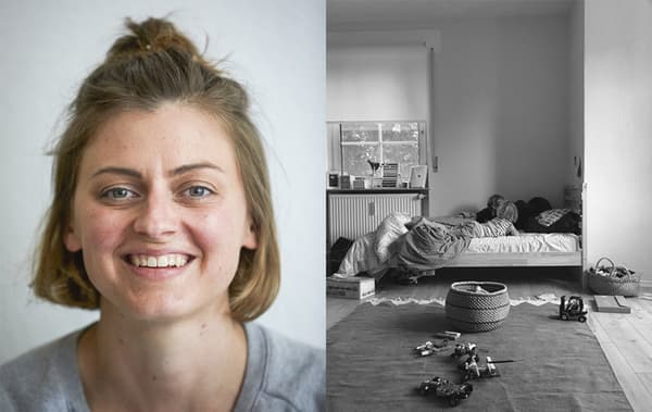 A portrait of Nina and a black and white picture of one corner of a children’s room with a bed and a large rug.