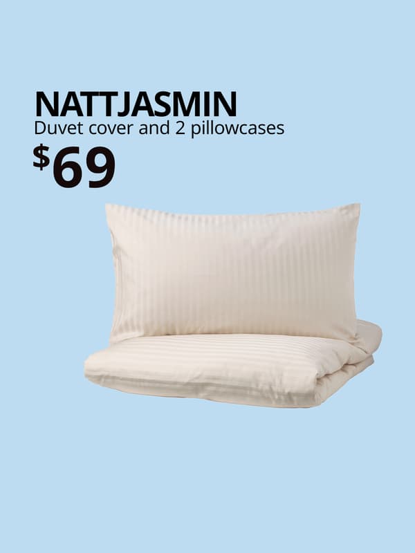 A product image of a light beige NATTJASMIN duvet cover and pillowcase on a light blue background with black text that reads "NATTJASMIN, Duvet cover and 2 pillowcases, $69".