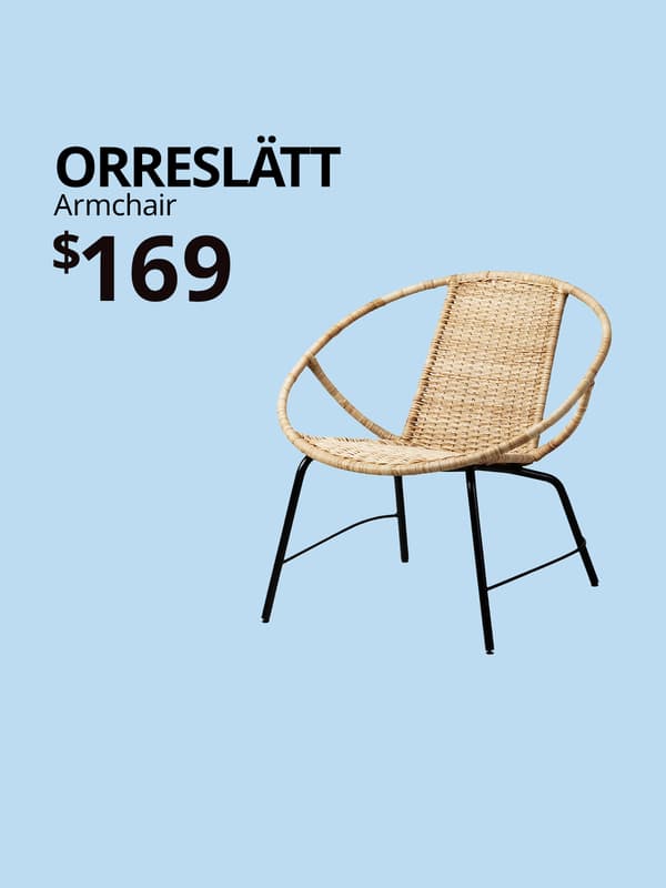 A product image of a rattan ORRESLÄTT armchair on a light blue background with black text that reads "ORRESLÄTT, Armchair, $169".