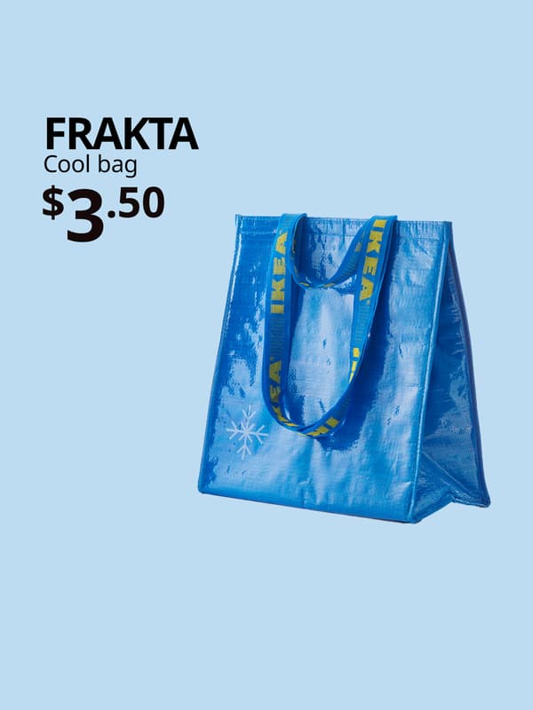A product image of FRAKTA cooler bag on a light blue background with black text that reads "FRAKTA, Cool bag, $3.50".