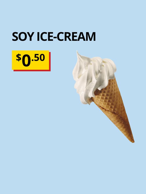 A product image of SOY ICE-CREAM on a light blue background with black text that reads "SOY ICE-CREAM" with breath-taking price of "$0.50".