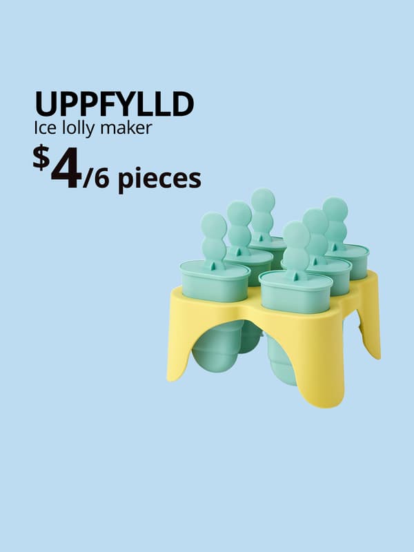A product image of UPPFYLLD ice lolly maker in turquoise on a yellow standing tray on a light blue background with black text that reads "UPPFYLLD, Ice lolly maker, $4/6 pieces".